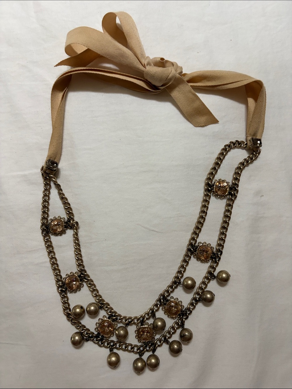 Gold-Tone Layered Chain Necklace with Beige Ribbon
